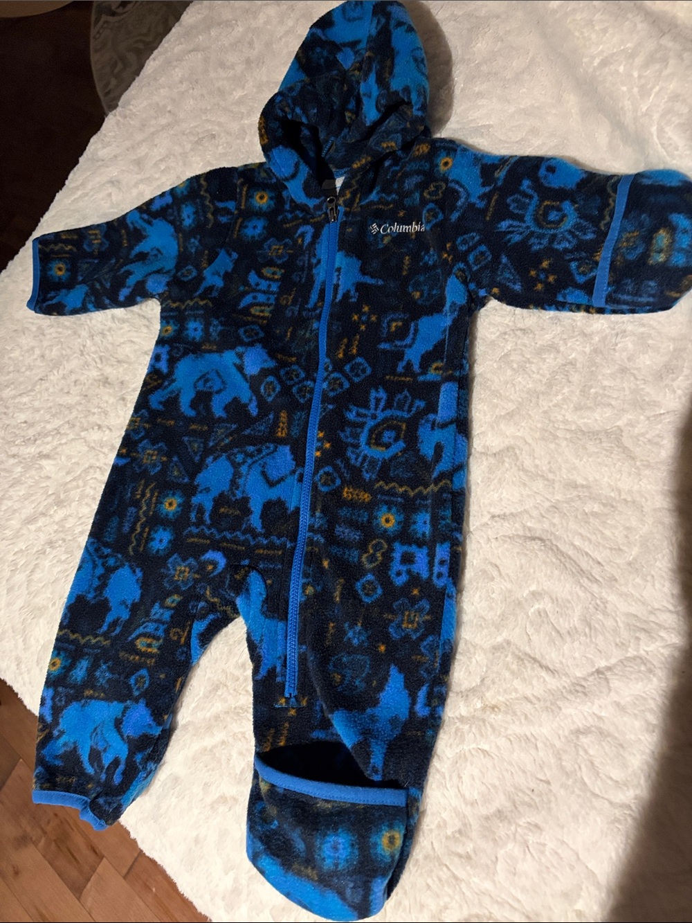 Columbia Blue and Black Patterned Fleece Hooded One-Piece
